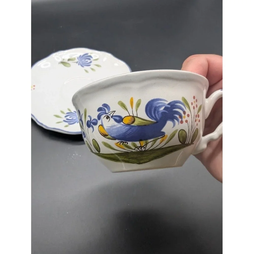 Vintage Luneville France Chanteclerc Teacup Saucer Set scallop Rooster Blue Rare